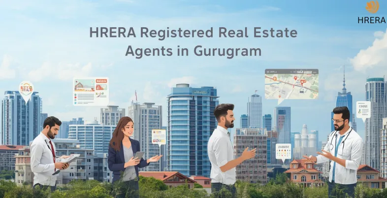 HRERA registered real estate agents in Gurugram with modern cityscape and property listings